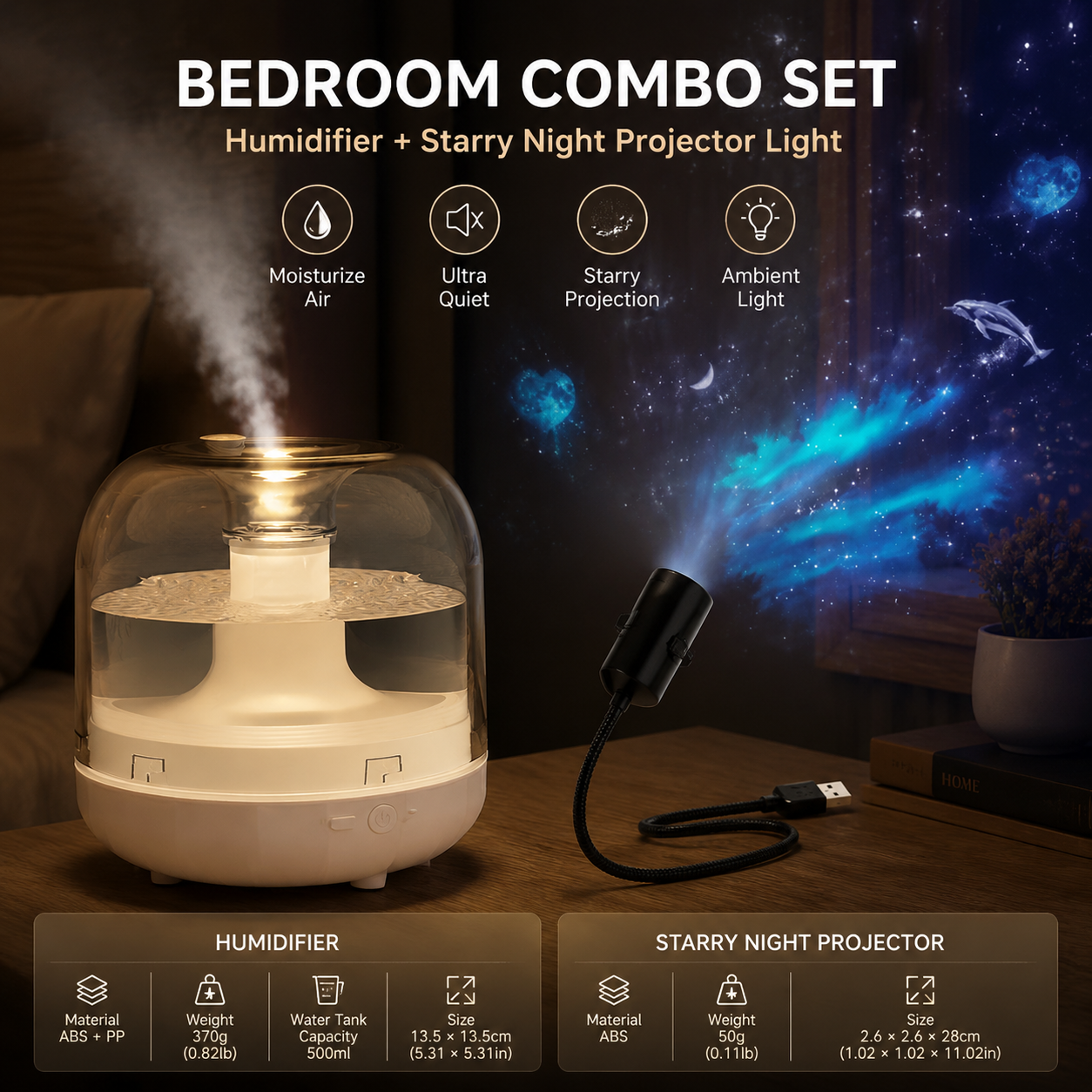 2-piece Bedroom Atmosphere Bundle â€“ White Ultrasonic Aroma diffuser Humidifier & Starry Sky Series Projector Night Light for Relaxing Home Decor, Perfect Gift for Her