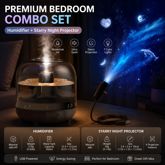 2-piece Bedroom Atmosphere Bundle â€“ Black Ultrasonic Aroma diffuser Humidifier & Starry Sky Series Projector Night Light for Relaxing Home Decor, Perfect Gift for Her