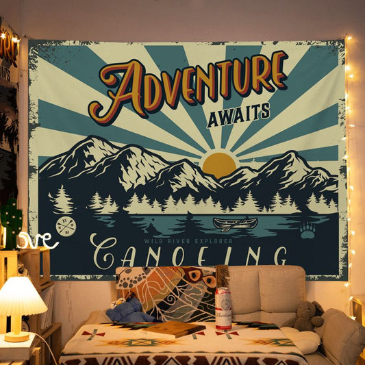 130*150cm Vintage American  Wall Tapestry Printed with ADVENTURE AWAITSâ€“Trendy wall tapestry for bedroom makeovers and outdoor photoshootsâ€”sophisticated wall decor