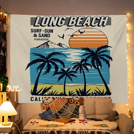 130*150cm Vintage American  Wall Tapestry Printed with LONG BEACH â€“Trendy wall tapestry for bedroom makeovers and outdoor photoshootsâ€”sophisticated wall decor