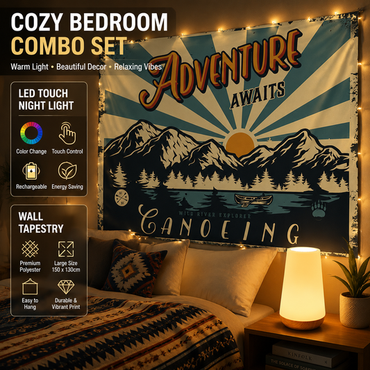2-piece Bedroom Atmosphere Bundle â€“ White RGB Rechargeable LED Night Light + Vintage Camping Style Wall Printed with ADVENTURE AWAITS Tapestry Home Decor Set (Mood Lighting & Wall Background Combo)
