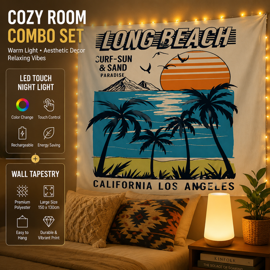 2-piece Bedroom Atmosphere Bundle â€“ White RGB Rechargeable LED Night Light + Vintage Camping Style Wall Printed with LONG BEACH Tapestry Home Decor Set (Mood Lighting & Wall Background Combo)