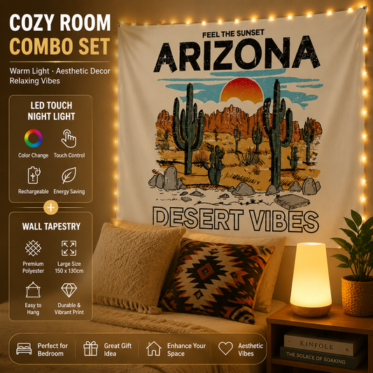 2-piece Bedroom Atmosphere Bundle â€“White RGB Rechargeable LED Night Light + Vintage Camping Style Wall Printed with ARIZONA Tapestry Home Decor Set (Mood Lighting & Wall Background Combo)