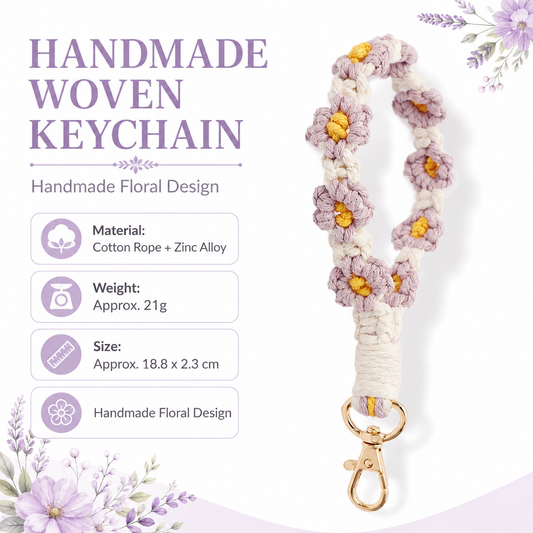 Purple Boho Daisy Handmade Braided Wrist Strap Keychain â€“ Floral Crochet Keyring with Zinc Alloy Hook (Lightweight 21g Travel & Fashion Accessory)