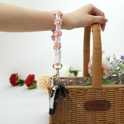 Purple Boho Daisy Handmade Braided Wrist Strap Keychain â€“ Floral Crochet Keyring with Zinc Alloy Hook (Lightweight 21g Travel & Fashion Accessory)