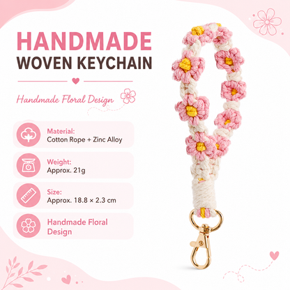 Pink Boho Daisy Handmade Braided Wrist Strap Keychain â€“ Floral Crochet Keyring with Zinc Alloy Hook (Lightweight 21g Travel & Fashion Accessory)