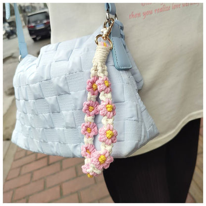 Pink Boho Daisy Handmade Braided Wrist Strap Keychain â€“ Floral Crochet Keyring with Zinc Alloy Hook (Lightweight 21g Travel & Fashion Accessory)