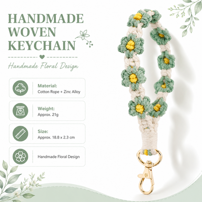 Green Boho Daisy Handmade Braided Wrist Strap Keychain â€“ Floral Crochet Keyring with Zinc Alloy Hook (Lightweight 21g Travel & Fashion Accessory)