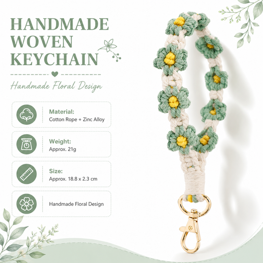 Green Boho Daisy Handmade Braided Wrist Strap Keychain â€“ Floral Crochet Keyring with Zinc Alloy Hook (Lightweight 21g Travel & Fashion Accessory)
