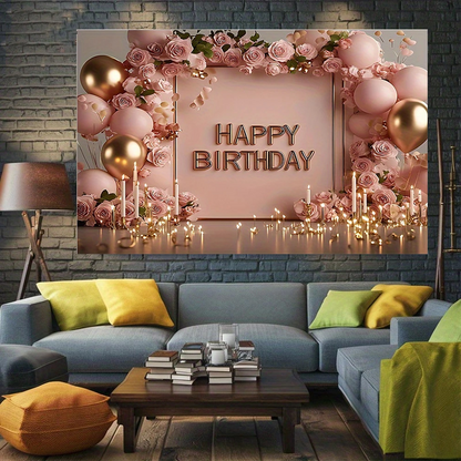 180Ã—115cm Pink Printed Floral, balloon, and candle patterns Happy Birthday Backdrop â€“ Premium Indoor Party Decoration Polyester Wall Banner