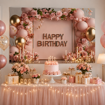 180Ã—115cm Pink Printed Floral, balloon, and candle patterns Happy Birthday Backdrop â€“ Premium Indoor Party Decoration Polyester Wall Banner
