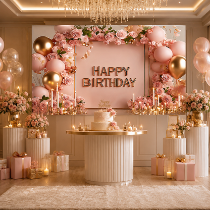 180Ã—115cm Pink Printed Floral, balloon, and candle patterns Happy Birthday Backdrop â€“ Premium Indoor Party Decoration Polyester Wall Banner