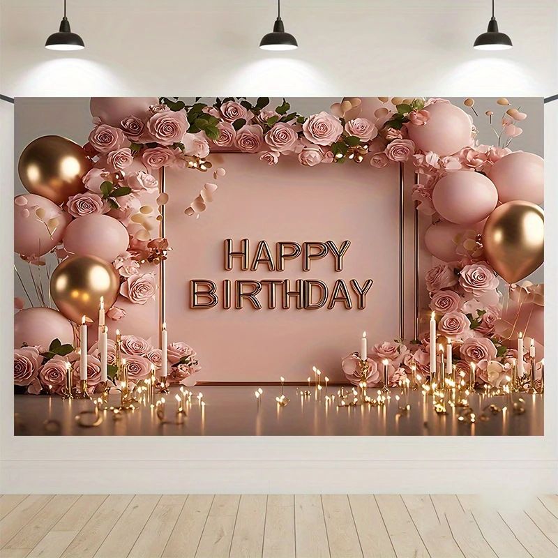 180Ã—115cm Pink Printed Floral, balloon, and candle patterns Happy Birthday Backdrop â€“ Premium Indoor Party Decoration Polyester Wall Banner