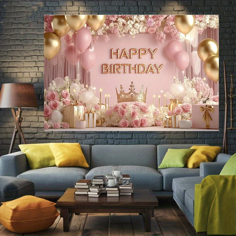 180Ã—115cm Pink Printed with a pattern of flowers, balloons, and a crown Happy Birthday Backdrop â€“ Premium Indoor Party Decoration Polyester Wall Banner