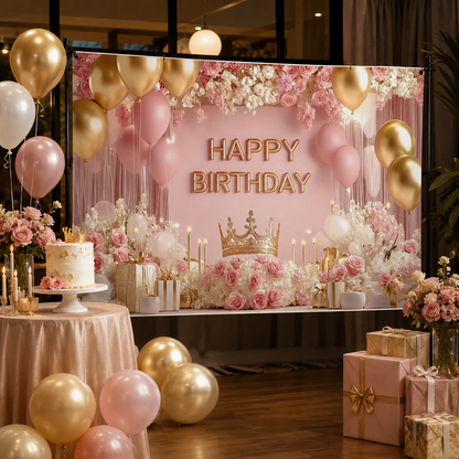 180Ã—115cm Pink Printed with a pattern of flowers, balloons, and a crown Happy Birthday Backdrop â€“ Premium Indoor Party Decoration Polyester Wall Banner