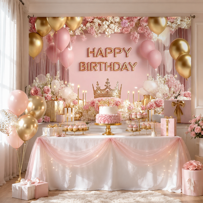 180Ã—115cm Pink Printed with a pattern of flowers, balloons, and a crown Happy Birthday Backdrop â€“ Premium Indoor Party Decoration Polyester Wall Banner