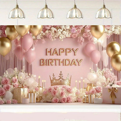 180Ã—115cm Pink Printed with a pattern of flowers, balloons, and a crown Happy Birthday Backdrop â€“ Premium Indoor Party Decoration Polyester Wall Banner