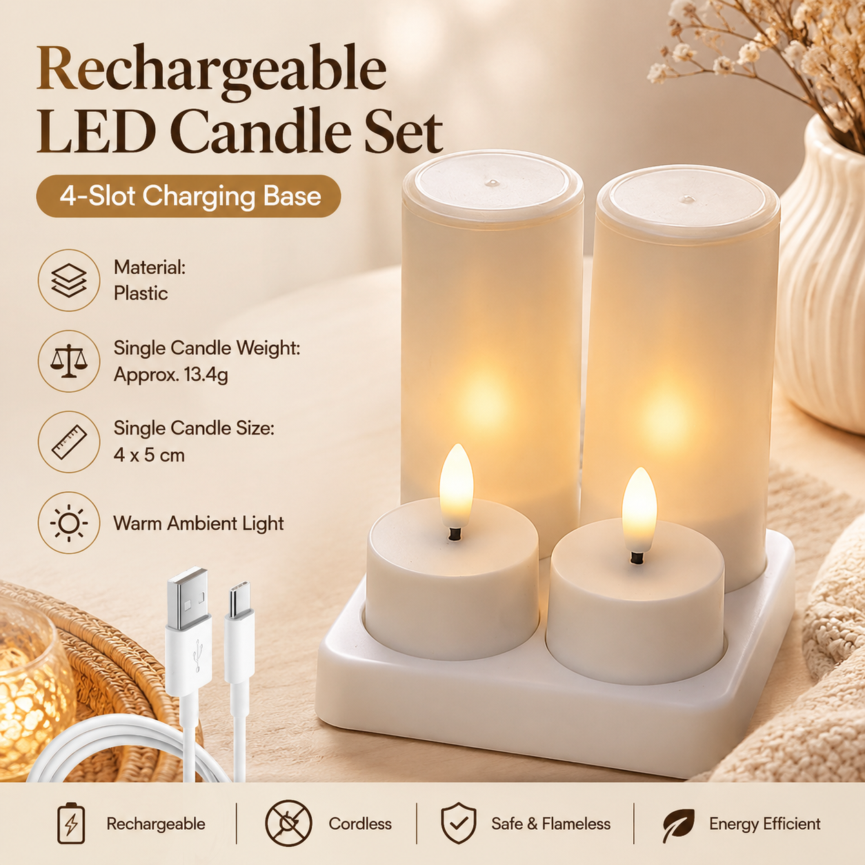 LED Rechargeable Flameless Candle Night Light Set (4 Units, with Lampshade)â€“ USB Charging Decorative Tea Light Ambient Lighting for Christmas & Home Decor