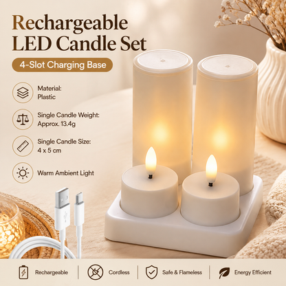 LED Rechargeable Flameless Candle Night Light Set (4 Units, with Lampshade)â€“ USB Charging Decorative Tea Light Ambient Lighting for Christmas & Home Decor