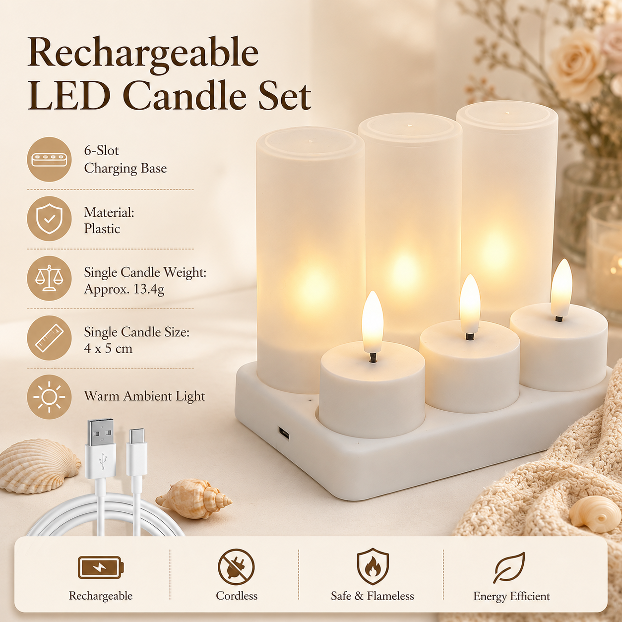 LED Rechargeable Flameless Candle Night Light Set (6 Units, with Lampshade)â€“ USB Charging Decorative Tea Light Ambient Lighting for Christmas & Home Decor