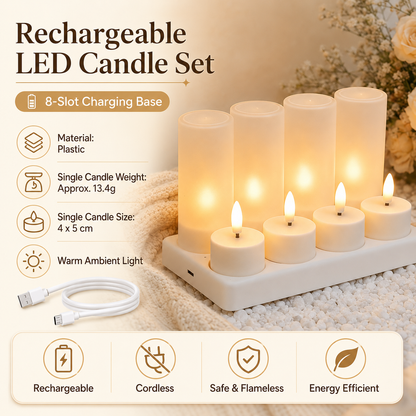 LED Rechargeable Flameless Candle Night Light Set (8 Units, with Lampshade)â€“ USB Charging Decorative Tea Light Ambient Lighting for Christmas & Home Decor