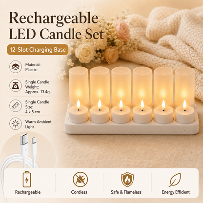 LED Rechargeable Flameless Candle Night Light Set (12 Units, with Lampshade)â€“ USB Charging Decorative Tea Light Ambient Lighting for Christmas & Home Decor