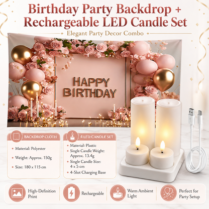 Birthday Party Backdrop and Rechargeable LED Candle Set - 180x115 cm Printed Floral, balloon, and candle patterns "Happy Birthday" polyester banner, includes 4 LED candles for Indoor Celebration Decor