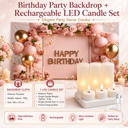 Birthday Party Backdrop and Rechargeable LED Candle Set - 180x115 cm Printed Floral, balloon, and candle patterns "Happy Birthday" polyester banner, includes 6 LED candles for Indoor Celebration Decor