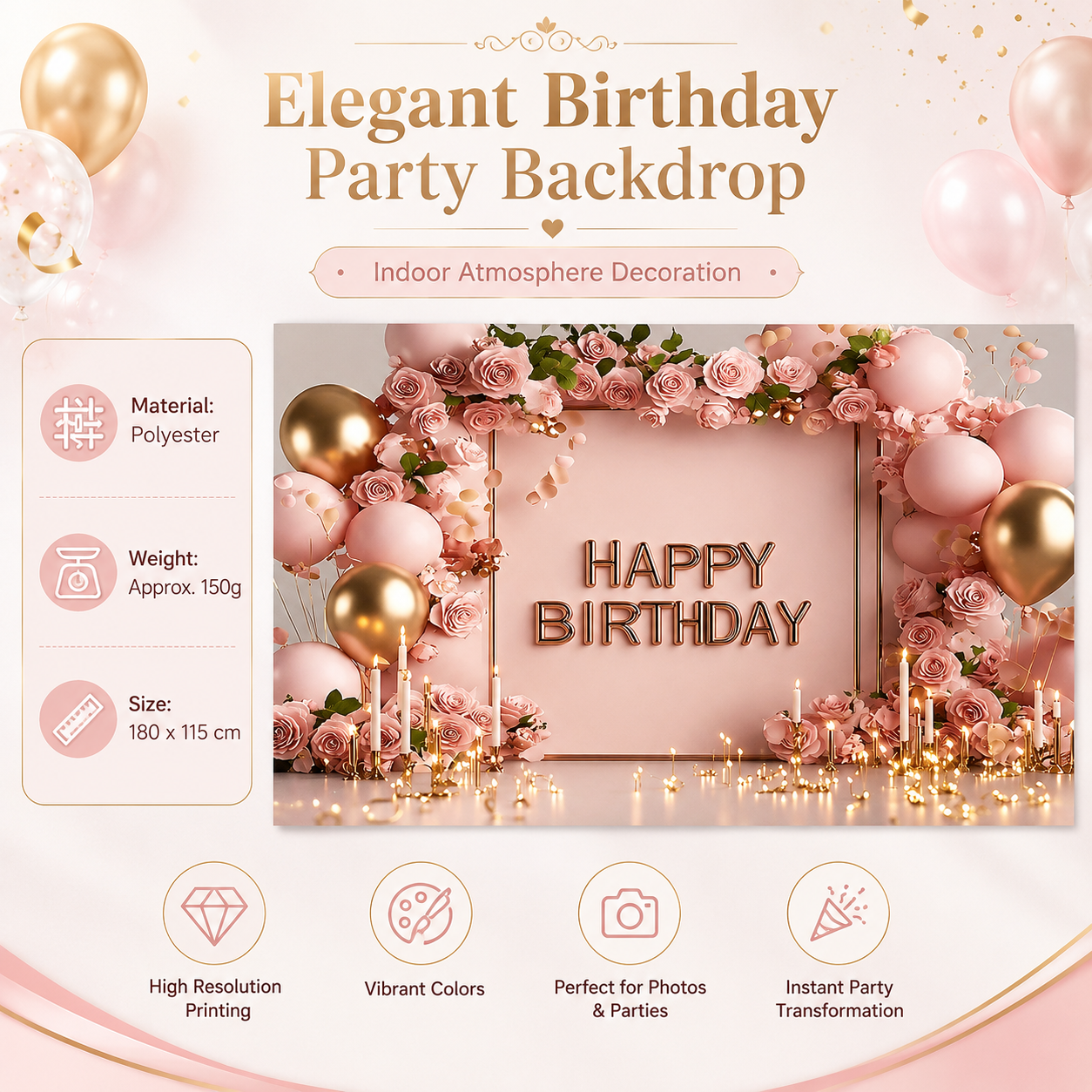 Birthday Party Backdrop and Rechargeable LED Candle Set - 180x115 cm Printed Floral, balloon, and candle patterns "Happy Birthday" polyester banner, includes 6 LED candles for Indoor Celebration Decor