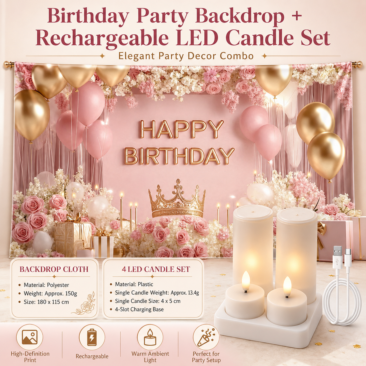 Birthday Party Backdrop and Rechargeable LED Candle Set - 180x115 cm Printed with a pattern of flowers, balloons, and a crown "Happy Birthday" polyester banner, includes 4 LED candles for Indoor Celebration Decor