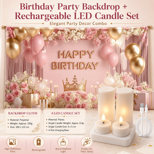 Birthday Party Backdrop and Rechargeable LED Candle Set - 180x115 cm Printed with a pattern of flowers, balloons, and a crown "Happy Birthday" polyester banner, includes 4 LED candles for Indoor Celebration Decor