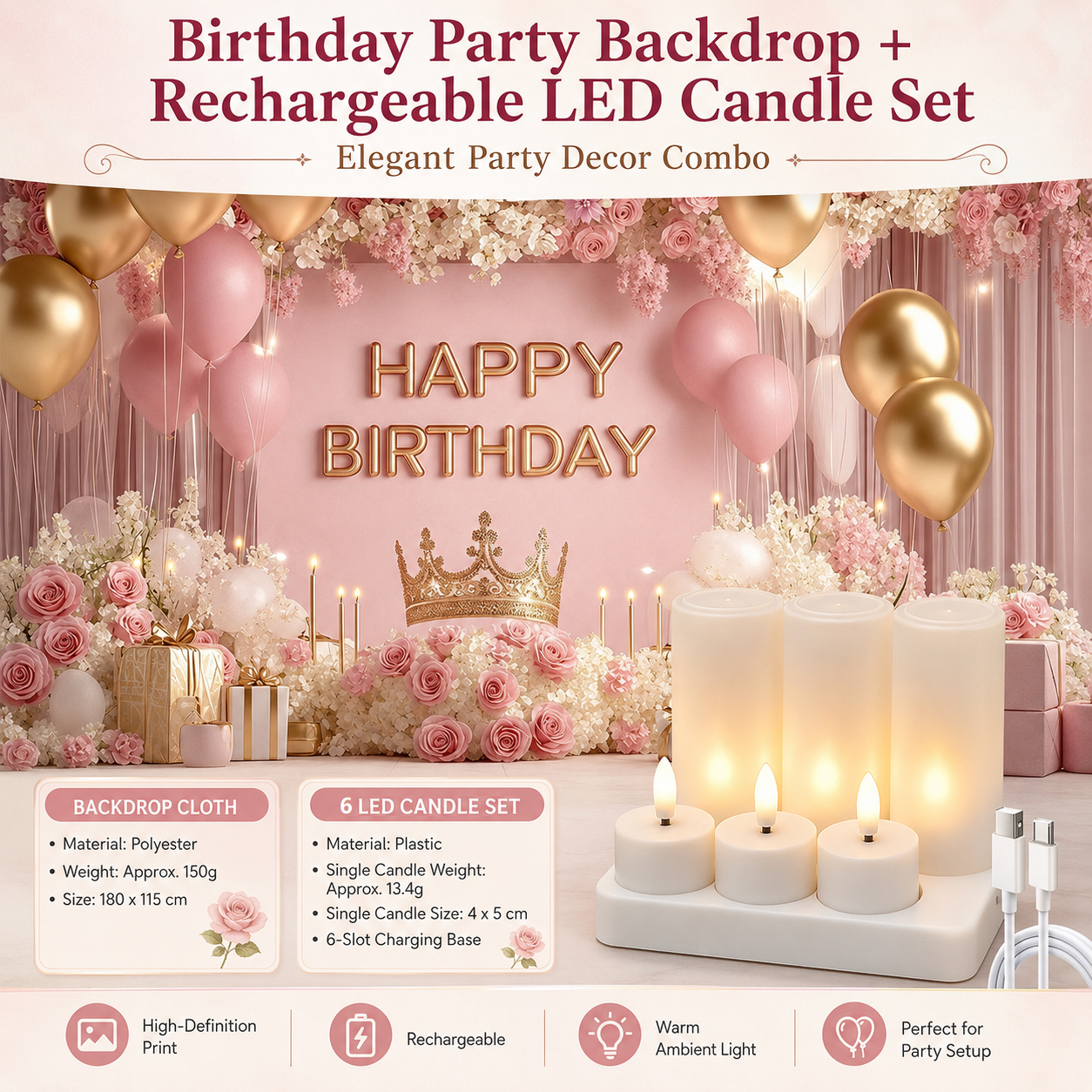 Birthday Party Backdrop and Rechargeable LED Candle Set - 180x115 cm Printed with a pattern of flowers, balloons, and a crown "Happy Birthday" polyester banner, includes 6 LED candles for Indoor Celebration Decor