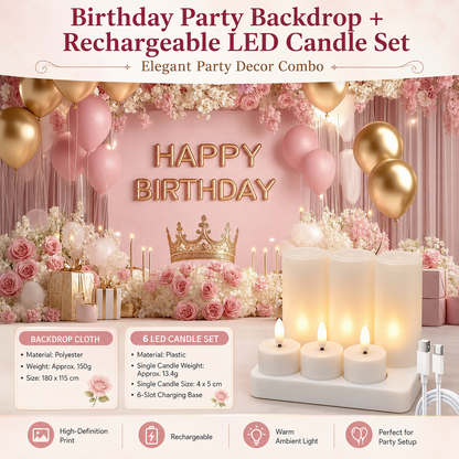 Birthday Party Backdrop and Rechargeable LED Candle Set - 180x115 cm Printed with a pattern of flowers, balloons, and a crown "Happy Birthday" polyester banner, includes 6 LED candles for Indoor Celebration Decor