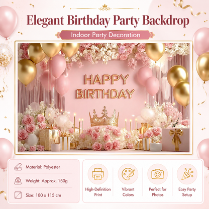 Birthday Party Backdrop and Rechargeable LED Candle Set - 180x115 cm Printed with a pattern of flowers, balloons, and a crown "Happy Birthday" polyester banner, includes 6 LED candles for Indoor Celebration Decor