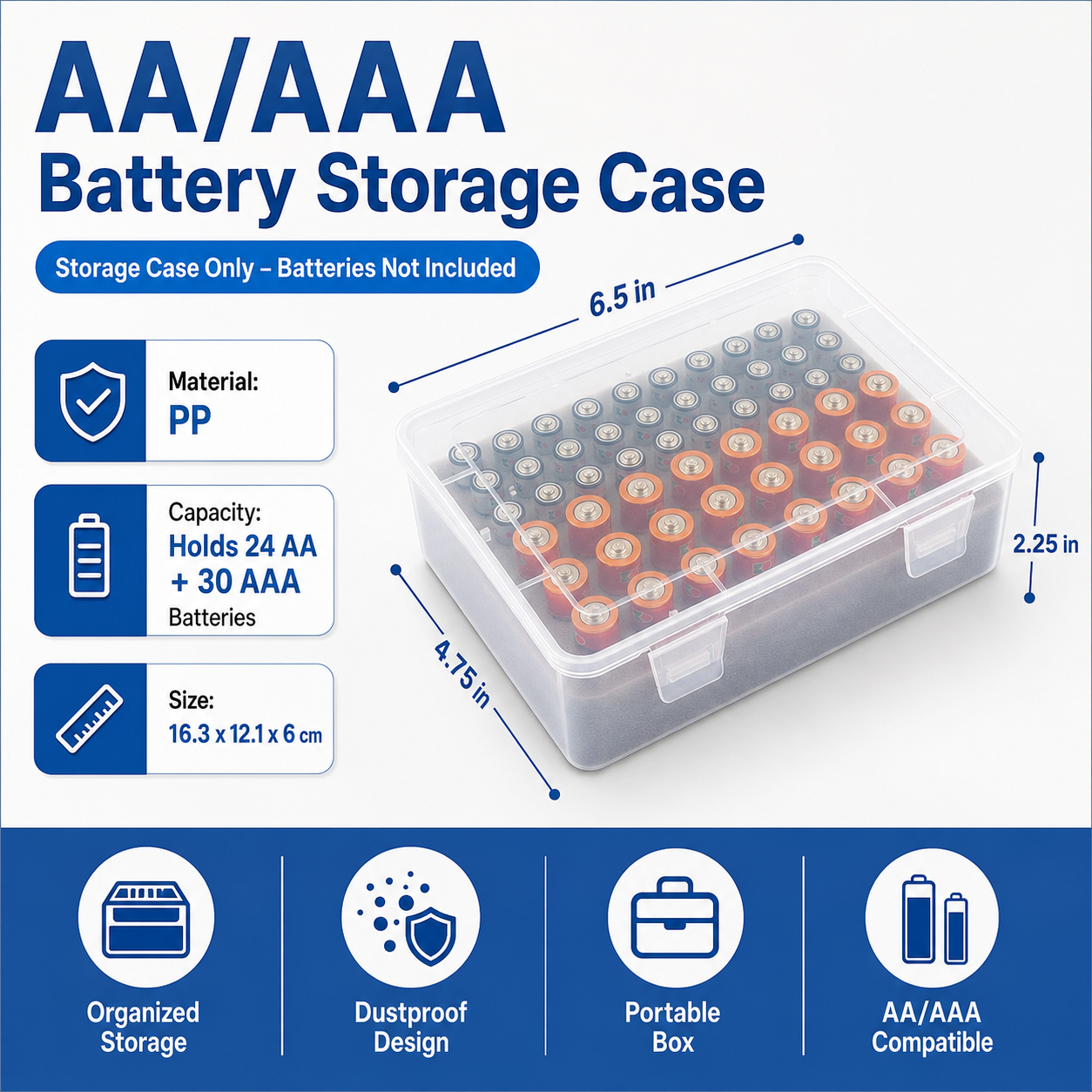 White AA/AAA Battery Storage Case 24 AA + 30 AAA Capacity Durable PP Organizer Box with Removable Foam Dustproof Portable Protective Battery Holder