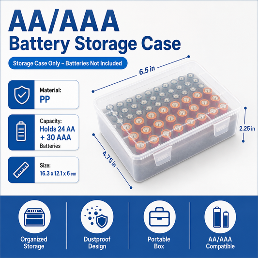 White AA/AAA Battery Storage Case 24 AA + 30 AAA Capacity Durable PP Organizer Box with Removable Foam Dustproof Portable Protective Battery Holder