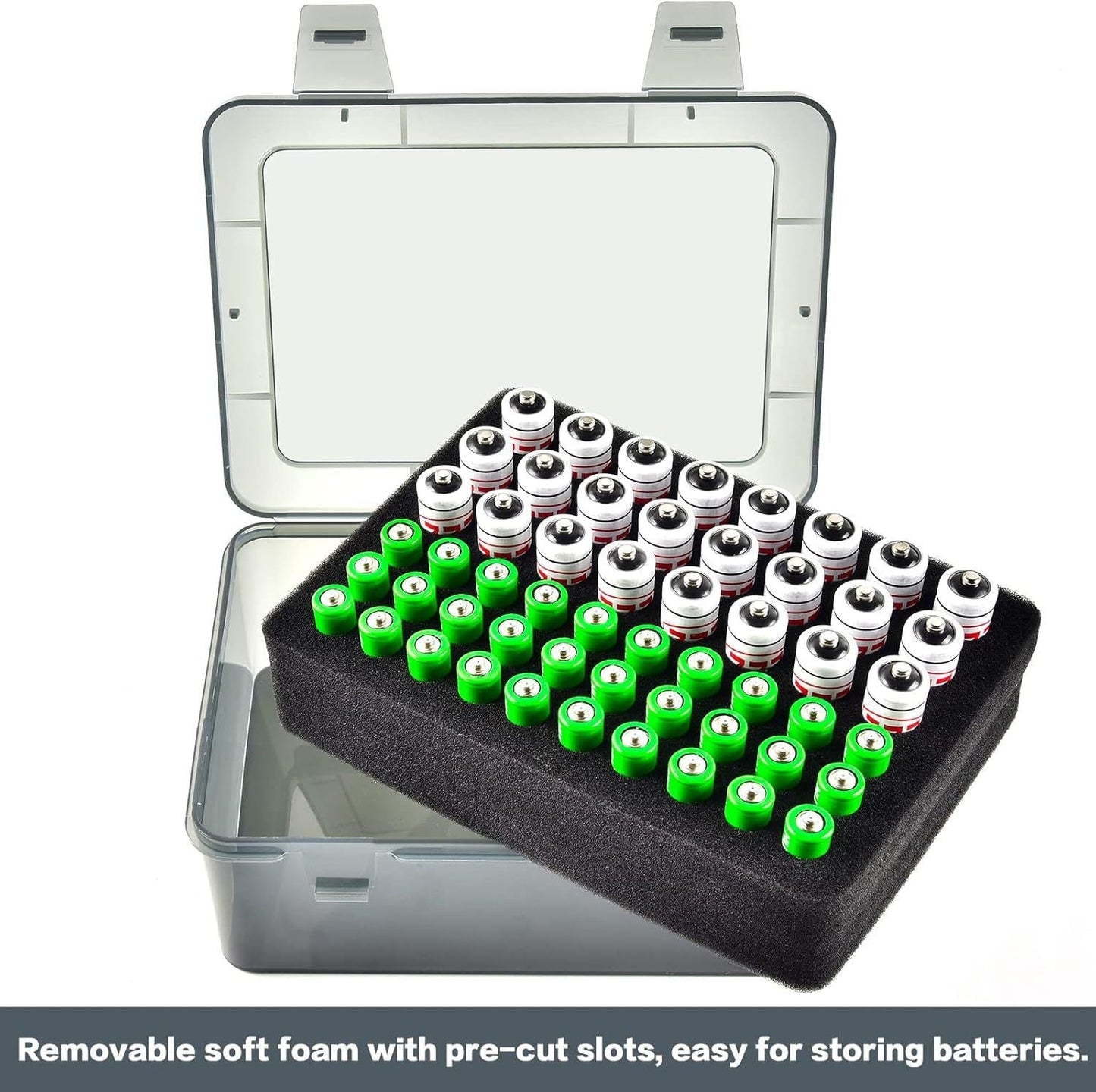 White AA/AAA Battery Storage Case 24 AA + 30 AAA Capacity Durable PP Organizer Box with Removable Foam Dustproof Portable Protective Battery Holder