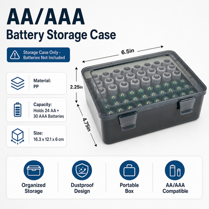 Grey AA/AAA Battery Storage Case 24 AA + 30 AAA Capacity Durable PP Organizer Box with Removable Foam Dustproof Portable Protective Battery Holder
