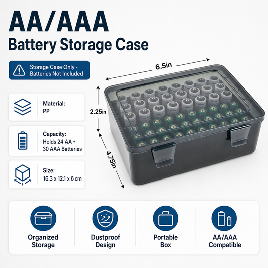 Grey AA/AAA Battery Storage Case 24 AA + 30 AAA Capacity Durable PP Organizer Box with Removable Foam Dustproof Portable Protective Battery Holder