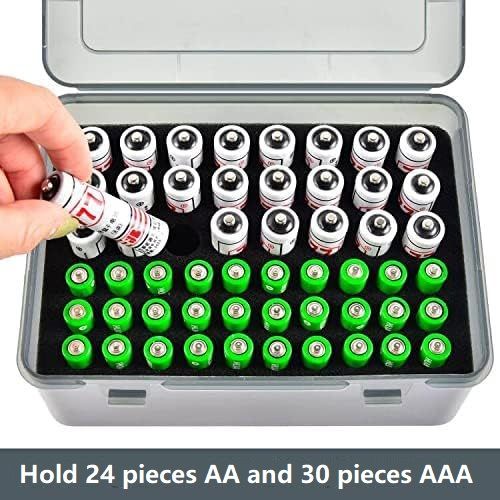 Grey AA/AAA Battery Storage Case 24 AA + 30 AAA Capacity Durable PP Organizer Box with Removable Foam Dustproof Portable Protective Battery Holder