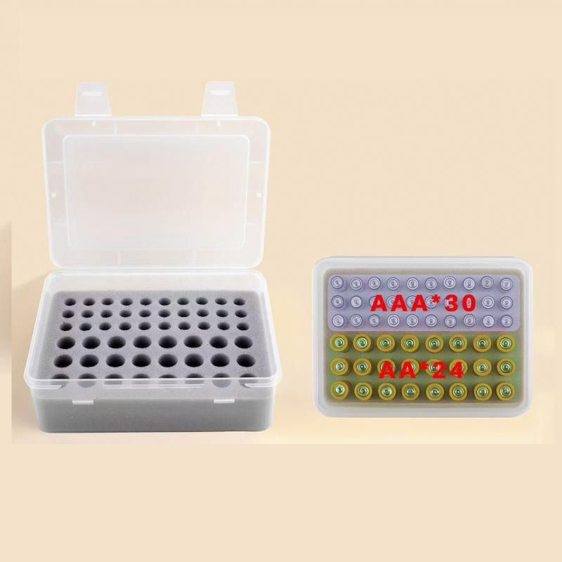 Grey AA/AAA Battery Storage Case 24 AA + 30 AAA Capacity Durable PP Organizer Box with Removable Foam Dustproof Portable Protective Battery Holder