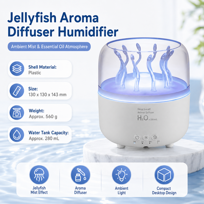 White Jellyfish Aroma Diffuser Humidifier LED Night Light 280ml USB Essential Oil Diffuser with 3 Timing Modes Color Changing Ambient Mist Lamp for Bedroom Office Relaxation