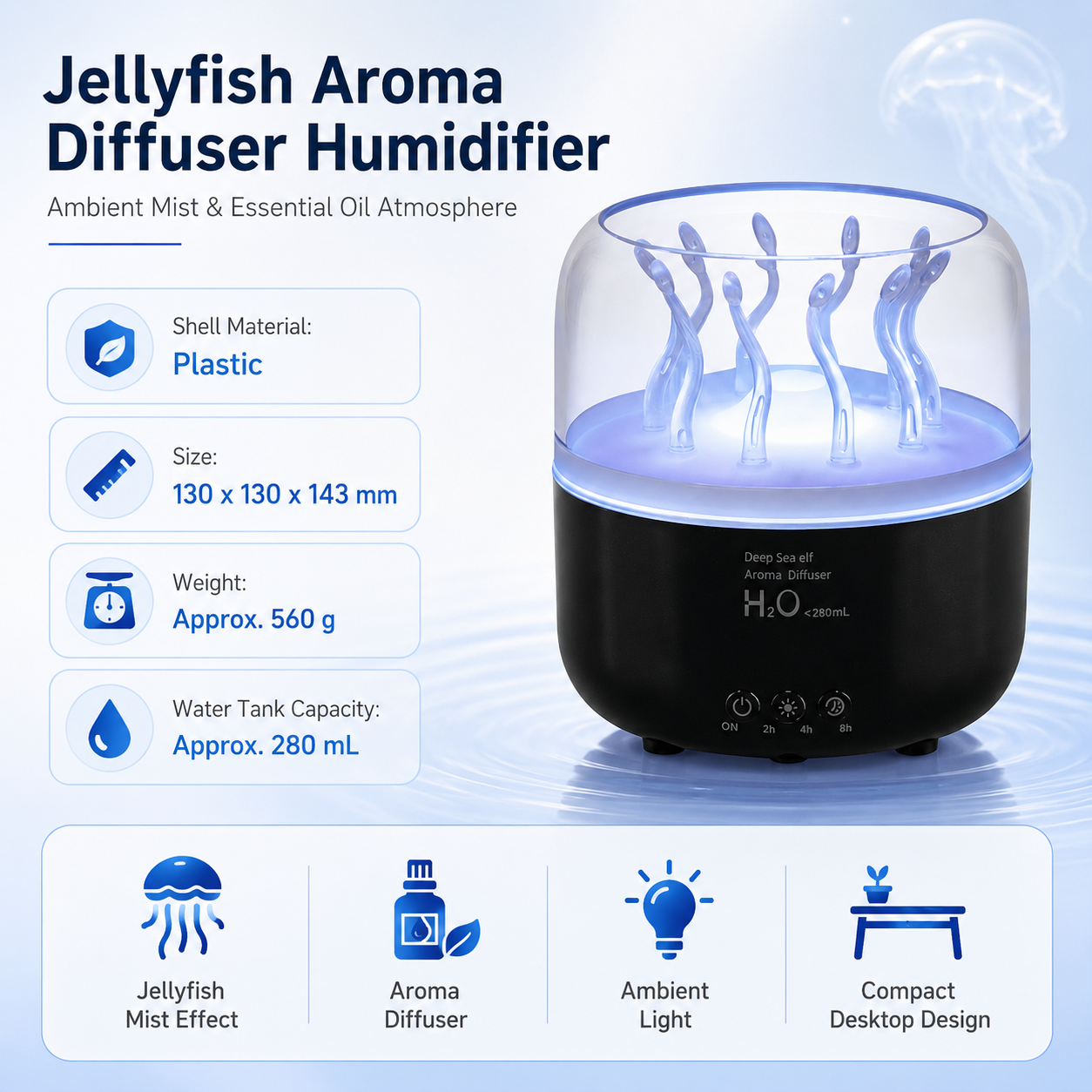 Black Jellyfish Aroma Diffuser Humidifier LED Night Light 280ml USB Essential Oil Diffuser with 3 Timing Modes Color Changing Ambient Mist Lamp for Bedroom Office Relaxation