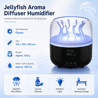 Black Jellyfish Aroma Diffuser Humidifier LED Night Light 280ml USB Essential Oil Diffuser with 3 Timing Modes Color Changing Ambient Mist Lamp for Bedroom Office Relaxation