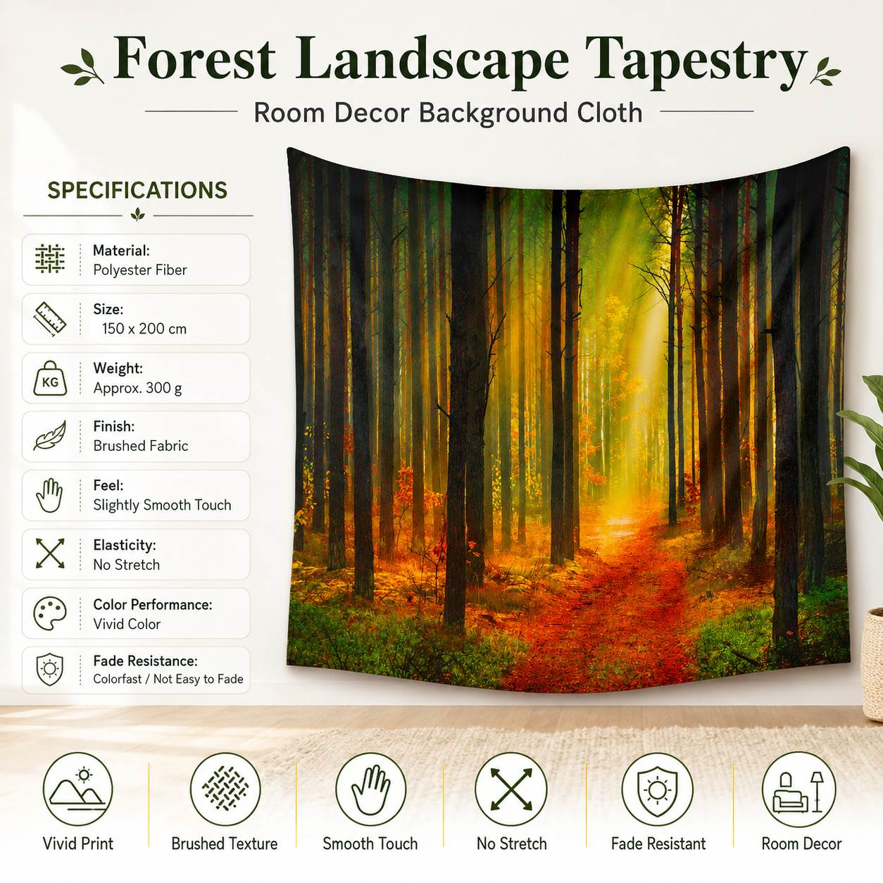 Forest Path Tapestry Wall Hanging 150Ã—200cm Polyester Fabric Background Cloth Room Decor Brushed No-Stretch Fade Resistant Nature Forest Wall Decor with Installation Kit
