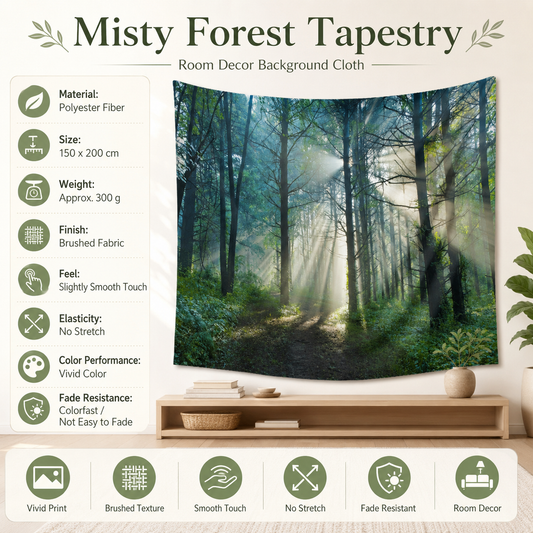 Misty Forest Tapestry Wall Hanging 150Ã—200cm Polyester Fabric Background Cloth Room Decor Brushed No-Stretch Fade Resistant Nature Forest Wall Decor with Installation Kit