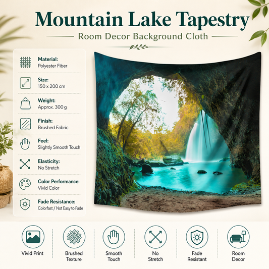 Mountain Lake Tapestry Wall Hanging 150Ã—200cm Polyester Fabric Background Cloth Room Decor Brushed No-Stretch Fade Resistant Nature Forest Wall Decor with Installation Kit