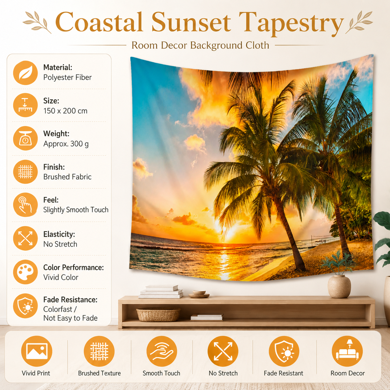 Coastal Sunset Tapestry Wall Hanging 150Ã—200cm Polyester Fabric Background Cloth Room Decor Brushed No-Stretch Fade Resistant Nature Forest Wall Decor with Installation Kit