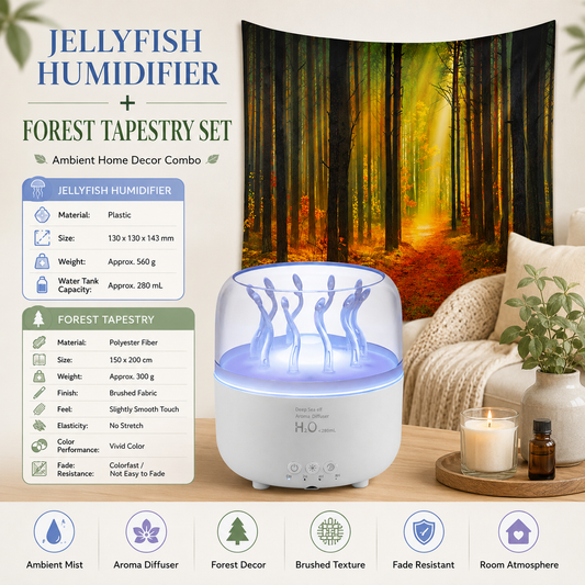 2 piece Cozy Home Duo set -White Jellyfish Humidifier  and 150Ã—200cm Forest Path Tapestry -humidifier featuring multi-color lights and aromatherapy diffusion,Hanging cloth Room Decor Brushed No-Stretch Fade Resistant Nature Decor with Installation Kit