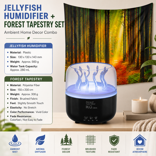 2 piece Cozy Home Duo set -Black Jellyfish Humidifier  and 150Ã—200cm Forest Path Tapestry -humidifier featuring multi-color lights and aromatherapy diffusion,Hanging cloth Room Decor Brushed No-Stretch Fade Resistant Nature Decor with Installation Kit